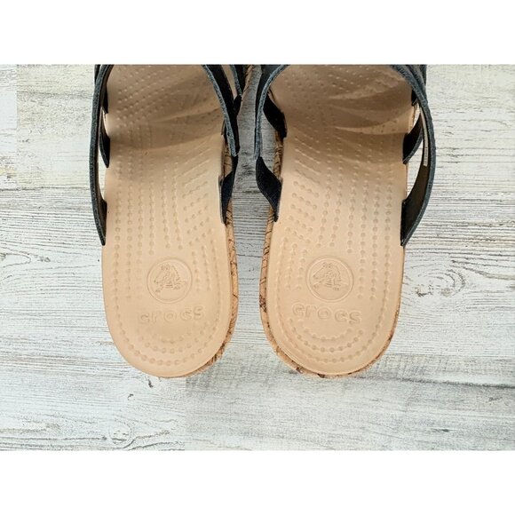 Crocs A Leigh Wedge Sandals Womens 9 Strappy Slip On Comfort Shoes Cork Heel - Picture 4 of 12